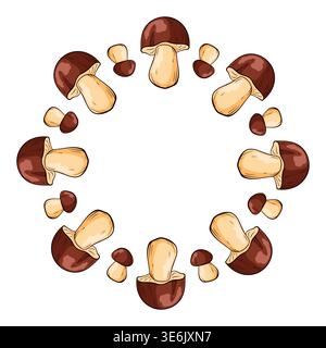 Round decorative wreath with cartoon style boletus mushroom. Natural food composition isolated on white background for menu design, organic labels Stock Vector