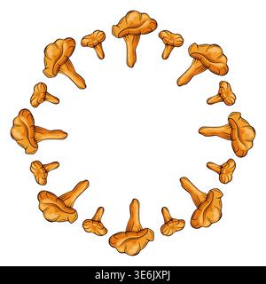Circular frame with chanterelle mushrooms in cartoon illustration style. Decorative food composition for menu design, organic package and restaurant Stock Vector