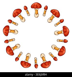 Circular frame with Caesar mushroom in cartoon style. Decorative forest food for menu design, organic card and kitchen theme. Stock Vector