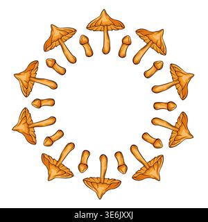 Deadly Webcap mushroom wreath in cartoon style. Decorative forest inedible fungi composition for kitchen design and organic package. Stock Vector