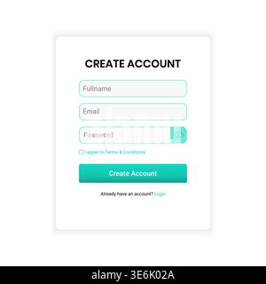 Contemporary create account user interface with outlined input fields in teal accent, including full name, email, and password with visibility toggle Stock Vector