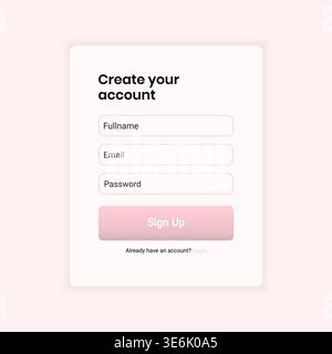 User interface design showcasing a create account form with inactive or disabled button state and soft pink input field styling. Includes full name, e Stock Vector