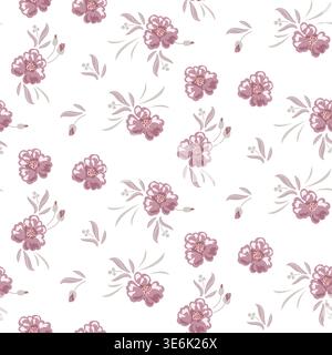 Flower pattern muted rose pink on white background with garden flowers. Farmhouse spring colors backdrop Stock Vector
