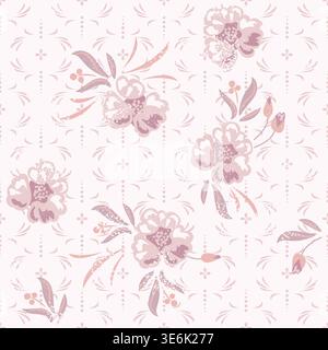 Flower pattern fusion rose pink on white background with garden flowers. Farmhouse spring colors backdrop Stock Vector