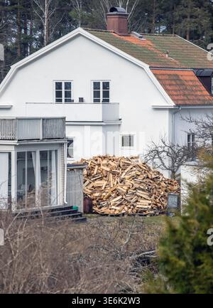 large pile of chopped and split firewood left outside to dry in a residential garden Stock Photo