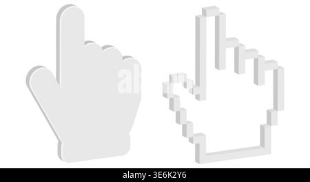 Two hand cursor styles including a smooth rendered hand and a classic pixelated 3D cursor. Ideal for UI design web tutorials or interface element mock Stock Vector