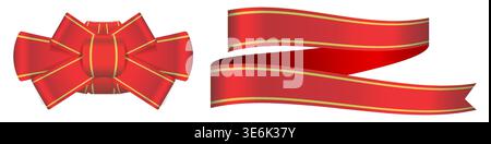 A vibrant red ribbon with a golden border styled into a neat bow and soft curves on the right. The glossy texture and classic design for festive graph Stock Vector