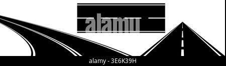 Black and white vector illustration of three roadways including a straight road with lane markings a curved track and a schematic road fragment with a Stock Vector
