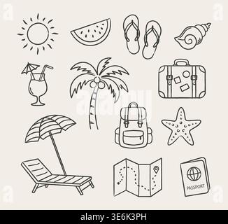 Hand-drawn summer travel and beach vacation icon set. Vector outline doodle Stock Vector