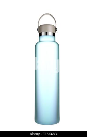 Minimalist 3D rendered illustration of a sleek, pale blue reusable flask on a white background. Stock Photo