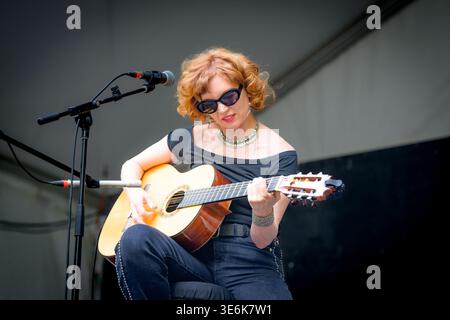 Guitarist, Sue Foley, One Guitar Woman set at Vancouver Folk Music Festival, Stock Photo