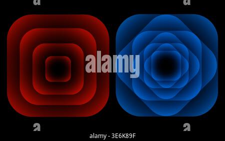 Abstract geometric set of layered rounded squares with red and blue gradients isolated on a black background, modern vector illustration. Stock Vector
