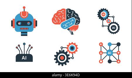 Artificial intelligence icons set with robot and brain, technology concept Stock Vector
