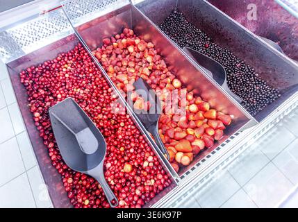 Sale of fresh frozen berries in a superstore. Cranberry, strawberry, black currant Stock Photo