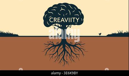 Creativity concept tree with roots illustration, idea growth and thinking concept Stock Vector