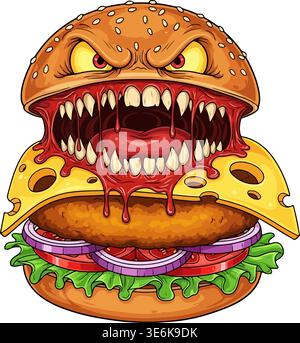 Crazy monster burger illustration with angry face, fast food horror concept Stock Vector
