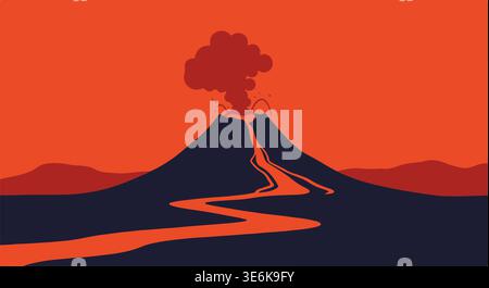 Volcano eruption vector illustration, natural disaster and lava explosion scene Stock Vector