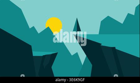 Mountain landscape vector illustration with sun, nature scenery background Stock Vector