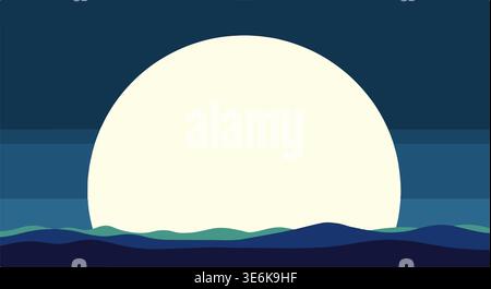 Minimalist moon over ocean vector illustration, night seascape landscape design Stock Vector