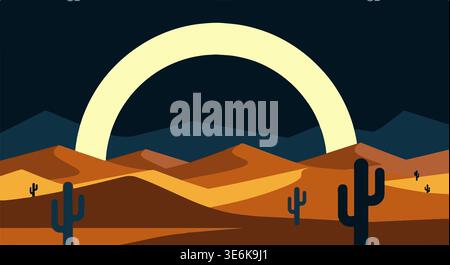 Desert landscape with sun arch vector illustration, minimalist nature scene Stock Vector
