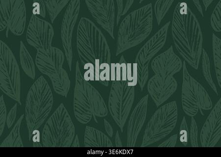 Grunge brush stroke green leaves seamless pattern. Vector tropical rough freehand foliage pattern. Hand drawn grunge ink or charcoal banana leaf Stock Vector