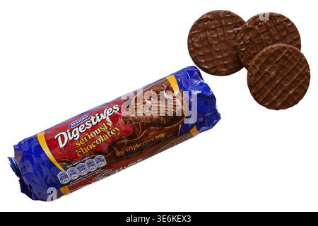 packet of McVitie's Digestives Seriously Chocolatey biscuits with 3 removed isolated on white background - the triple choc one - UK - Mcvities Mcvitie Stock Photo
