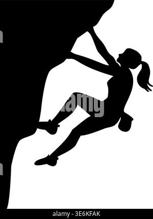Black silhouette vector illustration of female rock climber scaling cliff with ponytail, chalk bag, and climbing shoes in dynamic pose Stock Vector