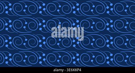 Seamless winter pattern of curved lines. Blue curls on dark blue background. Stylized branches with berries. Frost pattern on the window. Monochrome b Stock Vector