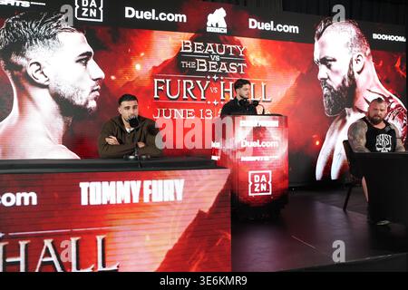 Tommy Fury (left) and Eddie Hall face off during the press conference ...