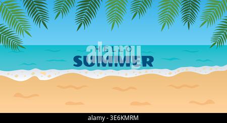 Tropical summer beach background with the text Hello Summer. Vector illustration. Stock Vector