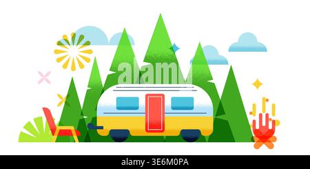 Summer camping banner background with cozy motorhome, pine trees and campfire. Vector illustration. Design elements for travel, outdoor adventure, vac Stock Vector