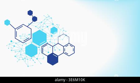 Modern abstract background illustrating molecular structures and data networks with interconnected blue hexagonal shapes, dots, and lines. Stock Vector