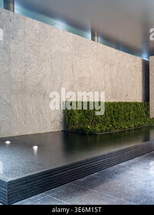Modern outdoor architectural detail featuring a dark reflecting pool, a textured light stone wall, and a neatly trimmed green hedge. The scene represe Stock Photo