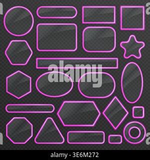 Neon pink glowing glass UI shapes set with rectangles, circles, ovals, hexagons and star frames on transparent dark grid background for futuristic banners and buttons vector illustration Stock Vector