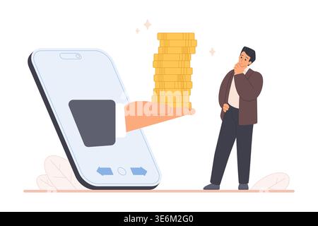 Thoughtful man evaluates online loan offer as smartphone hand presents stack of coins, representing digital credit, borrowing decision and financial risk, isolated on white vector illustration Stock Vector