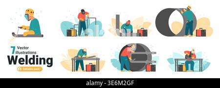 Professional welders in protective gear welding metal pipes and steel pipelines in various industrial positions, using equipment, sparks and safety helmets, isolated on white vector illustration Stock Vector
