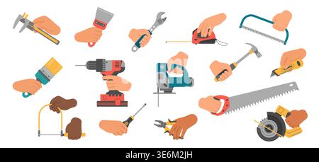 Human hands holding various repair and building tools including saws, drills, wrenches, tape measure and paint brush, isolated on white background vector illustration Stock Vector
