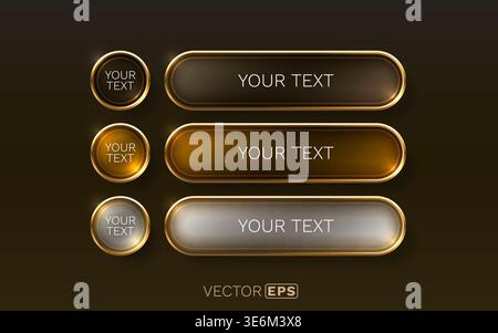 Set of premium shiny metallic buttons with golden frames, ideal for web design and user interfaces. Vector illustration. Stock Vector