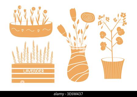 set of vector illustrations with garden flowers in a minimalist flat style.  Stock Vector