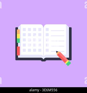 Open Diary Planner with Pencil Flat Vector Illustration Stock Vector
