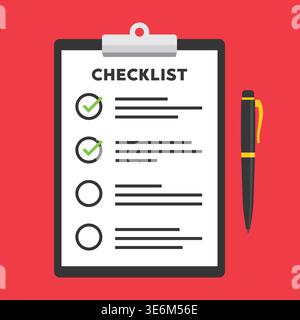 Checklist Clipboard With Pen Flat Vector Illustration Stock Vector