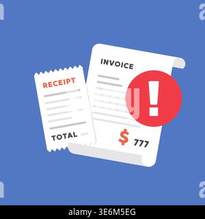 Receipt and Invoice with Warning Icon Flat Vector Illustration Stock Vector