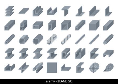 Isometric Flat Steel Beam and Metal Profile Set Industrial Construction Elements Vector Illustration Stock Vector