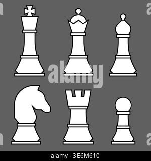 A set of chess pieces in a solid color fill style, on a gray background Stock Vector