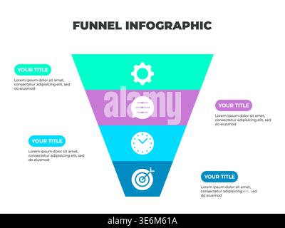 Colorful Funnel Process Infographic Representing Four Stages of the Customer Journey Stock Vector