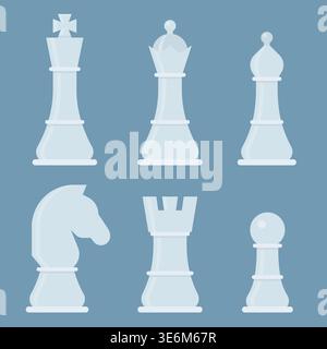 Set of white chess pieces in a simple, flat design style on a blue background Stock Vector