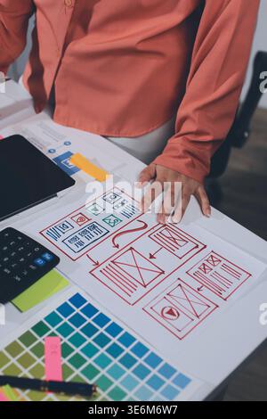 team of UI UX web designer are working together to develop mobile responsive websites with UI UX front end designer previews Stock Photo