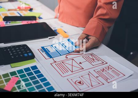 team of UI UX web designer are working together to develop mobile responsive websites with UI UX front end designer previews Stock Photo