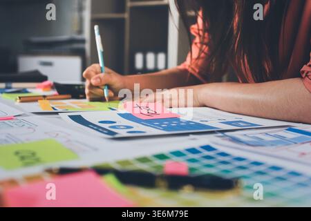 team of UI UX web designer are working together to develop mobile responsive websites with UI UX front end designer previews Stock Photo