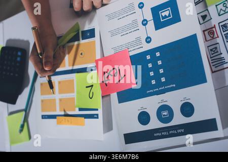 team of UI UX web designer are working together to develop mobile responsive websites with UI UX front end designer previews Stock Photo